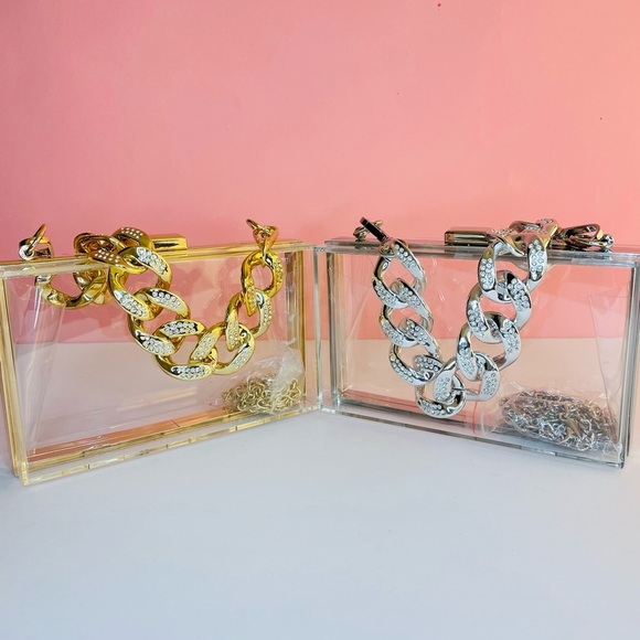 Crystal Chunky Chain Gold/Clear Box Clutch Handbag - Picture 3 of 7